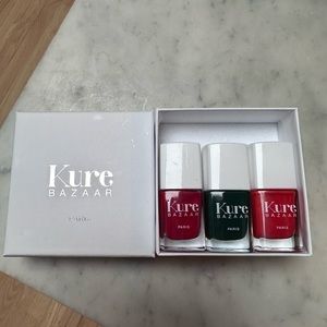 Set of 3 Kure Bazaar toxin-free nail polishes. Colors are Love, Kale, and Juicy